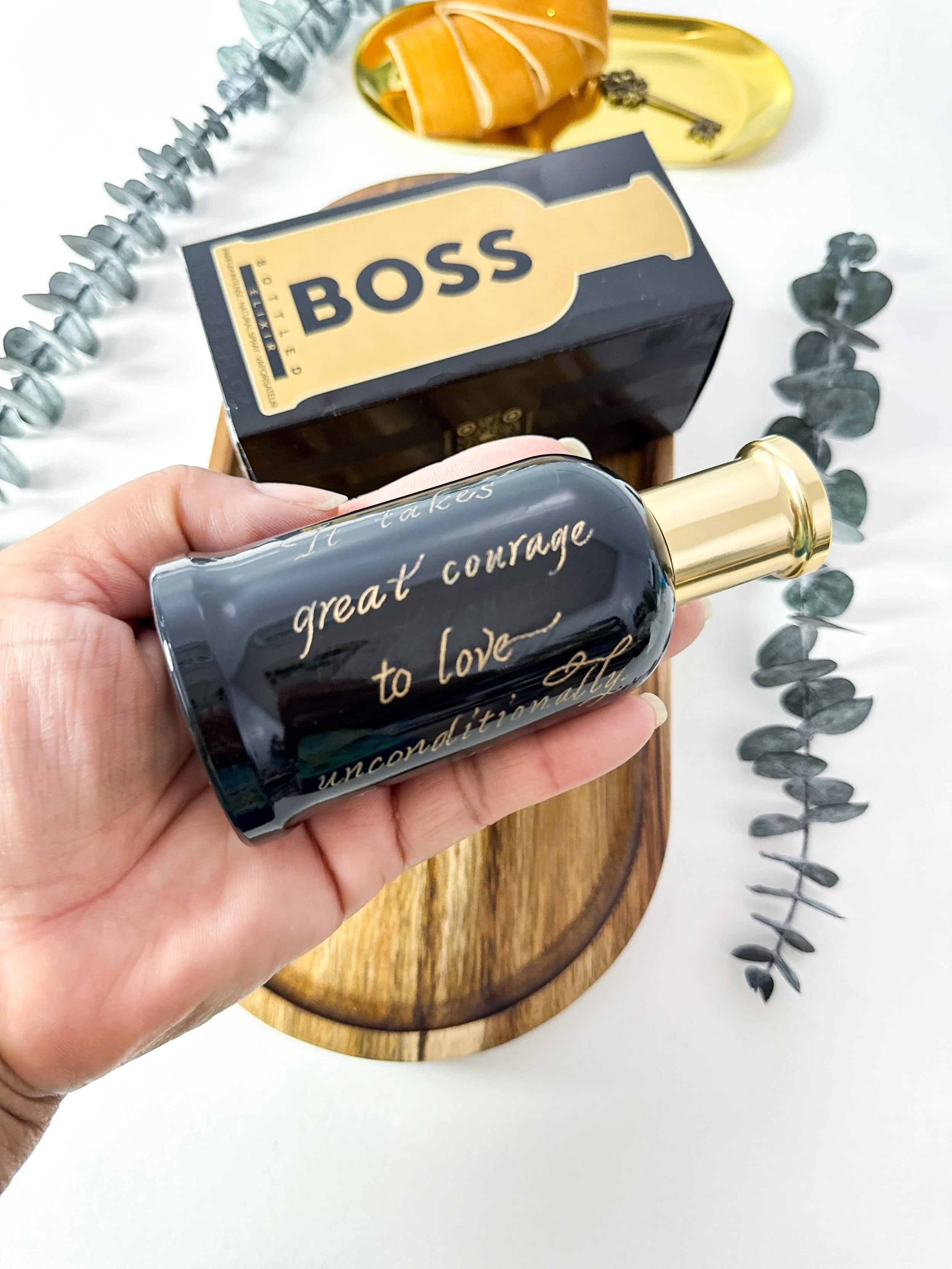 Italic calligraphy hand engraved Boss cologne by The Graceful Pen Studio
