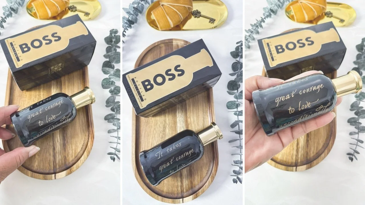 Photo collage of BOSS cologne hand engraved by Angenise Rawls | The Graceful Pen Studio