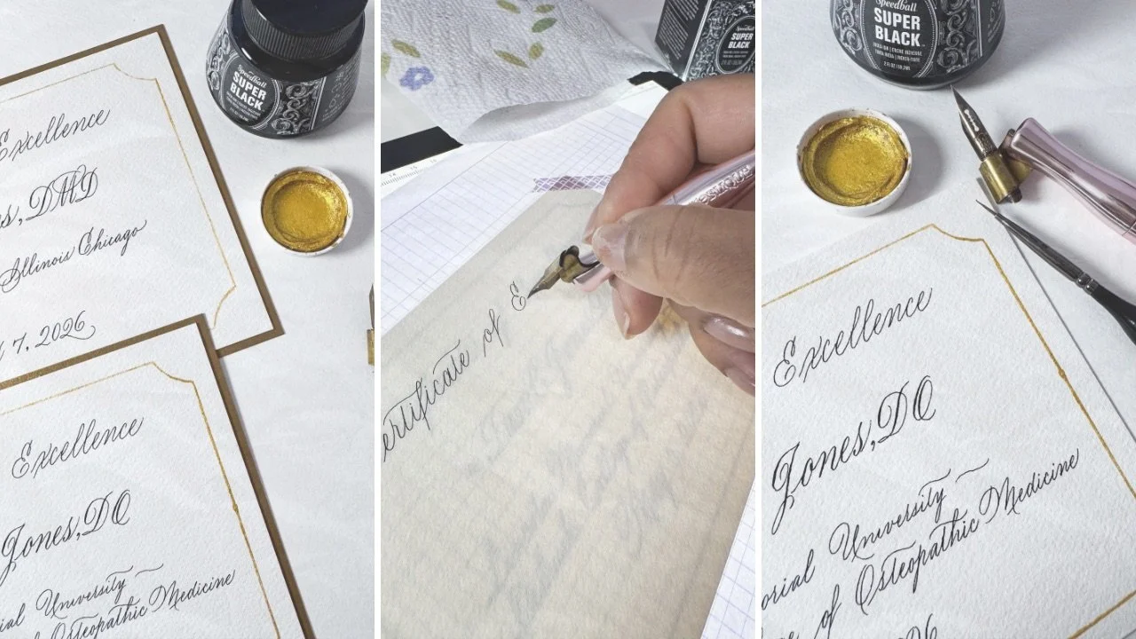 Hand calligraphed certificates in black ink with gold border