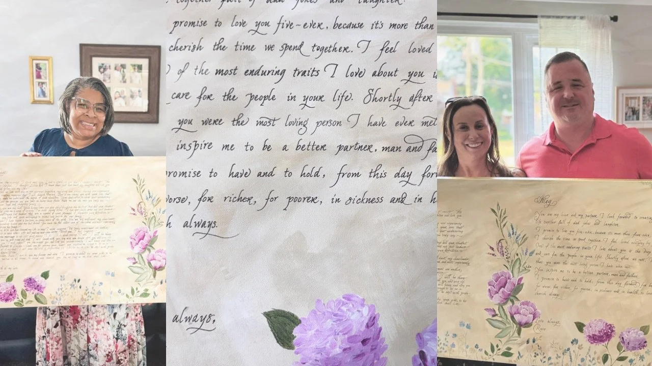 Photo collage of hand-painted and hand-lettered wedding vow canvas by Angenise Rawls