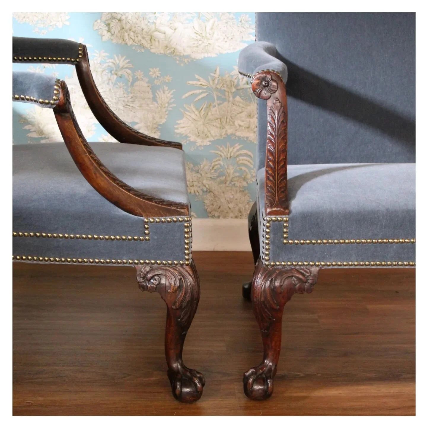 Just delivered these two beauties to their home the other week. This pair of English walnut library chairs was made in the workshop of Giles Grendey around 1740. The client chose a subtle, but luxurious kid mohair velvet and an antique brass tack fin