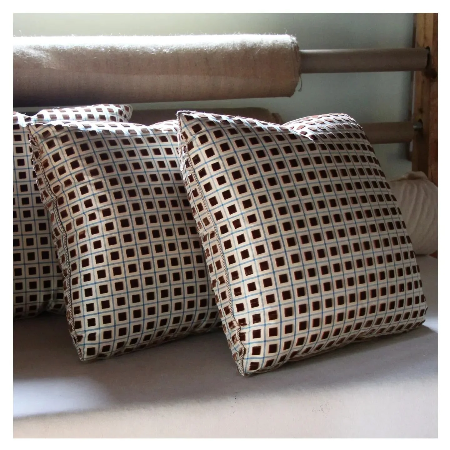 Part of a set of pillows I made in a @prelle_cie silk velvet. The template was designed for a pattern match on all 4 sides and gently tapering corners. Several mockups were made in 100% goose down so the client could get just the right shape and fill
