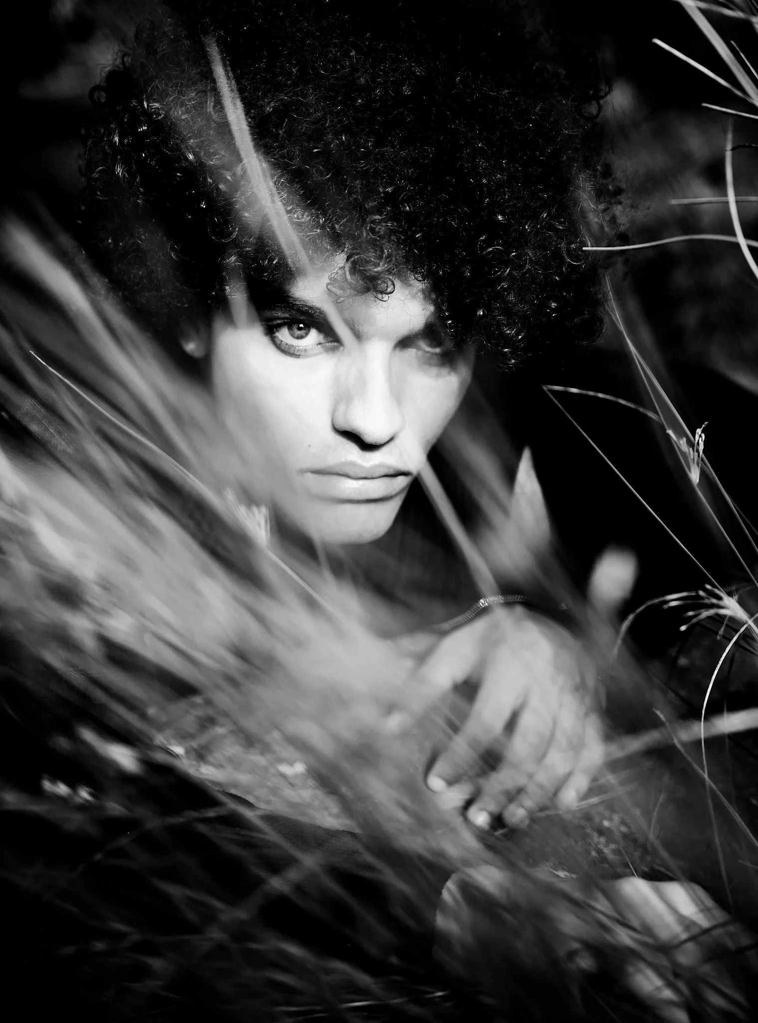 Black and white portrait of a person with curly hair in tall grass.
