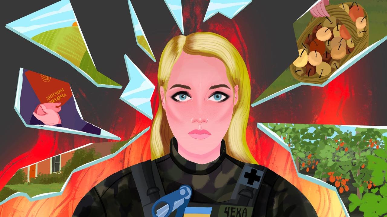 22 illustrations about the Ukrainian volunteer medic with the call sign Cheka for a report presented at the European Week of Regions and Cities - Kharacter Media 