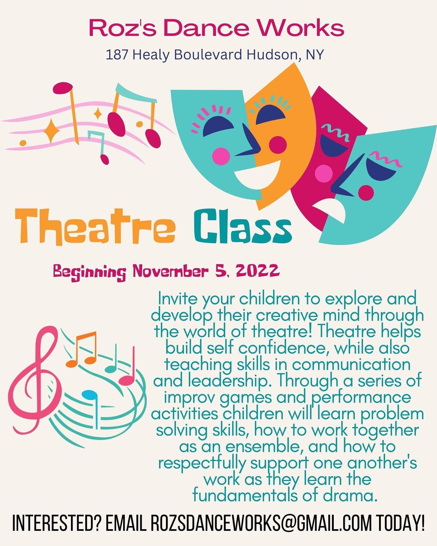 Introducing our new Theatre Class! 🧡💙💖 Miss Camille is so excited to be joining our team!

#dance #rozsdanceworks #hudsonny #theatre #theatreforkids #joinus