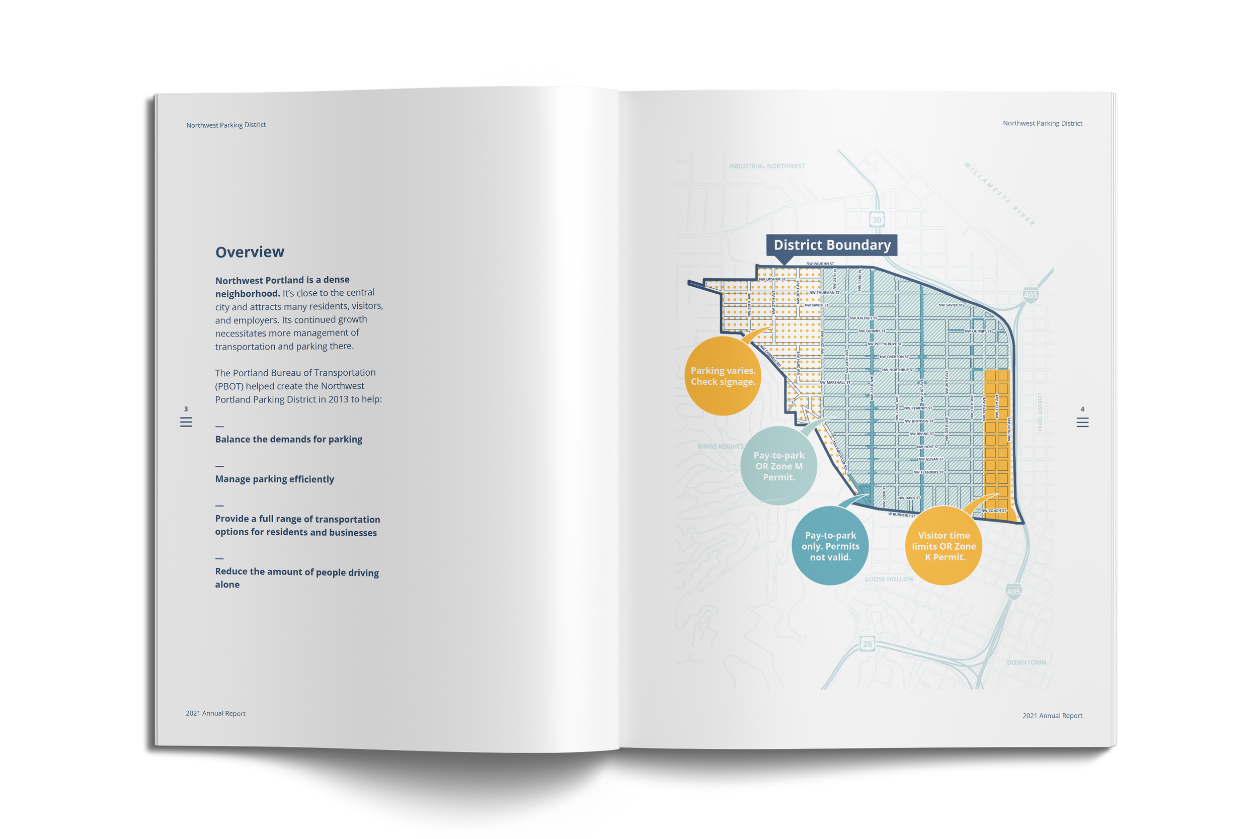 Annual report pages showing district map