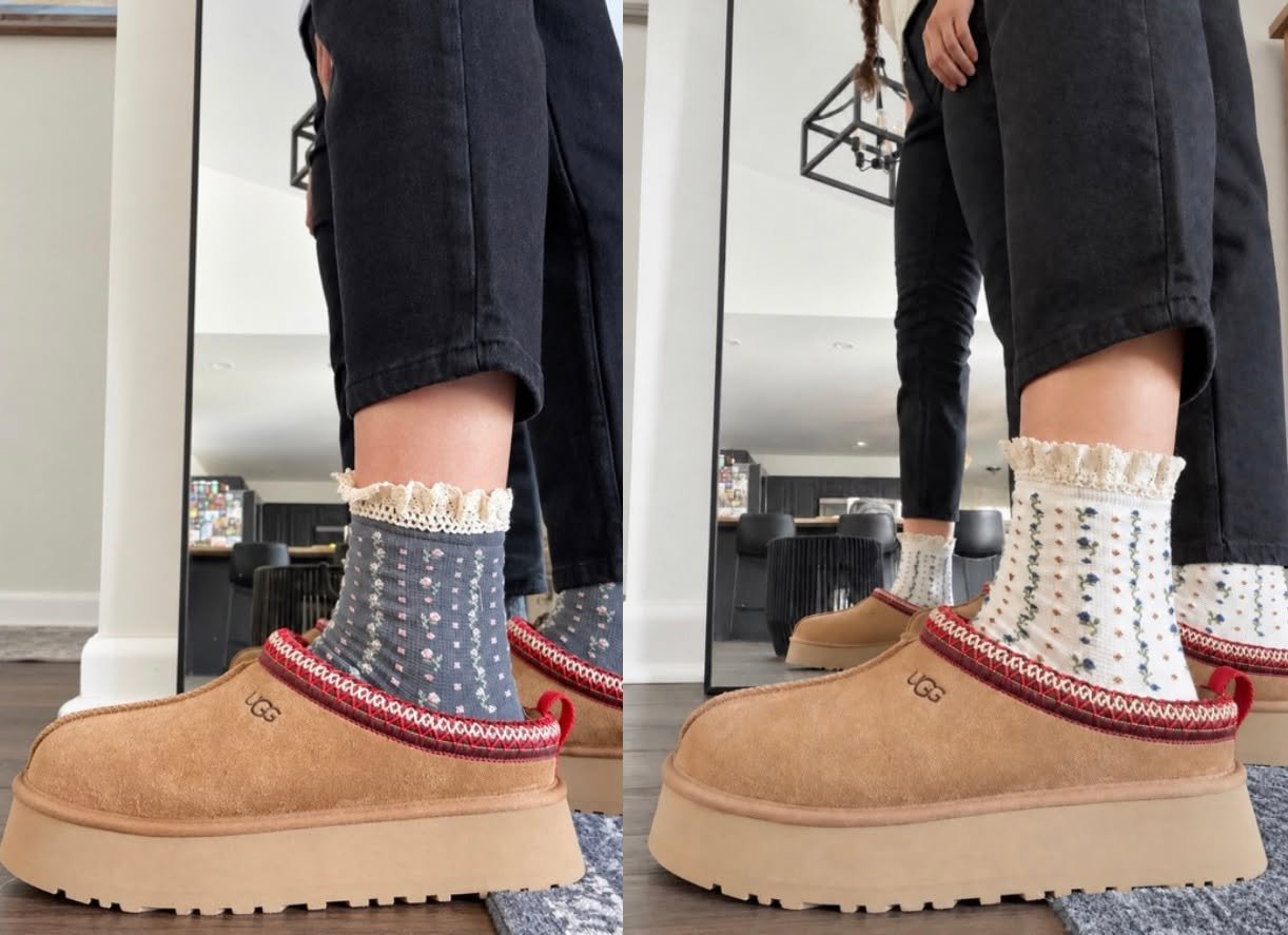 New obsession: these ruffle socks 😍 The tiny floral prints and lace trim are SO cute peeking out of my UGGs! Such an easy little detail that makes a cozy outfit feel extra special. I&rsquo;m officially going to need them in every color 🤎

Comment S