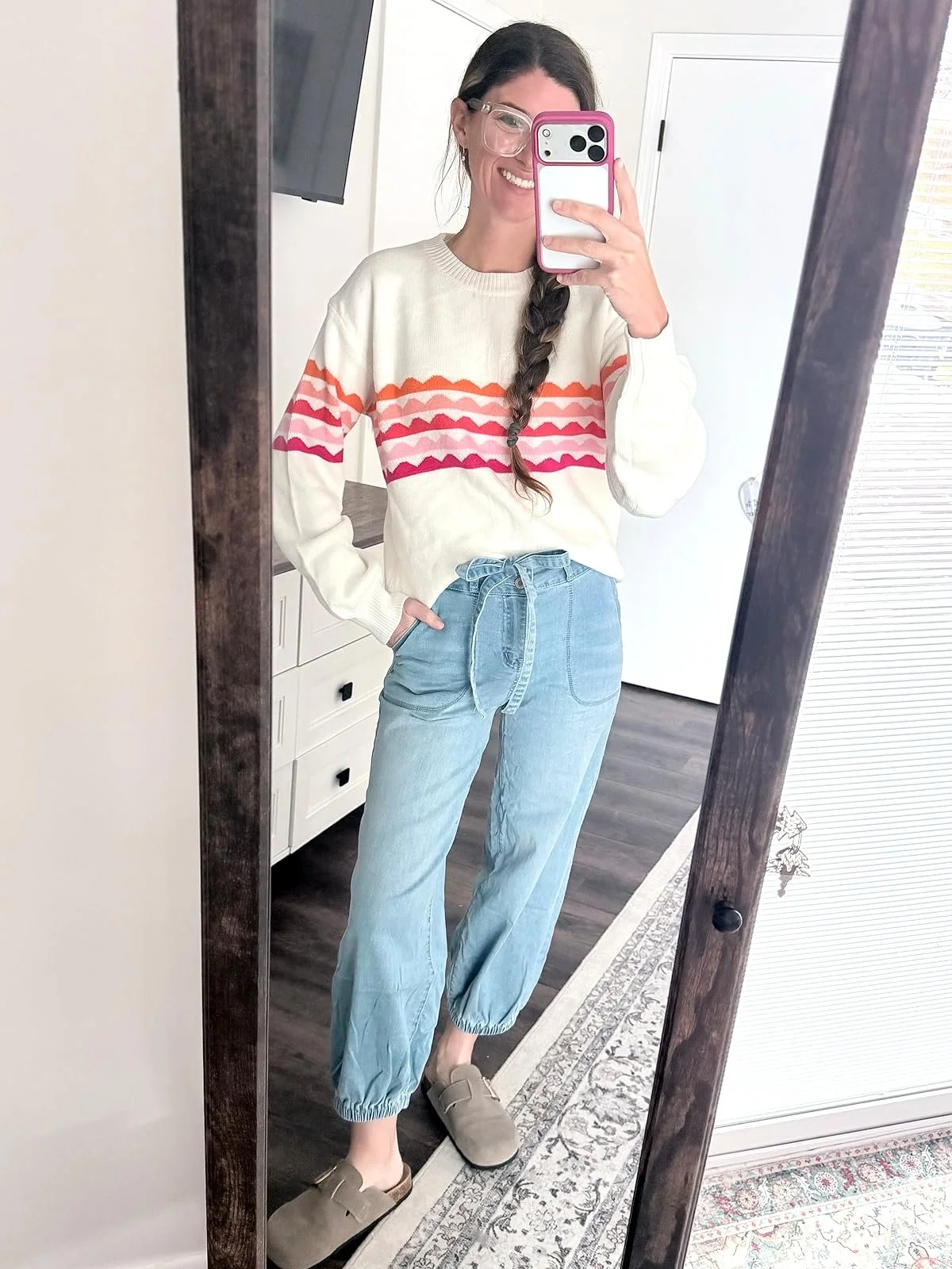Busy mom wearing wide-leg drawstring denim jeans and a striped sweater, mirror selfie outfit styled for everyday comfort.
