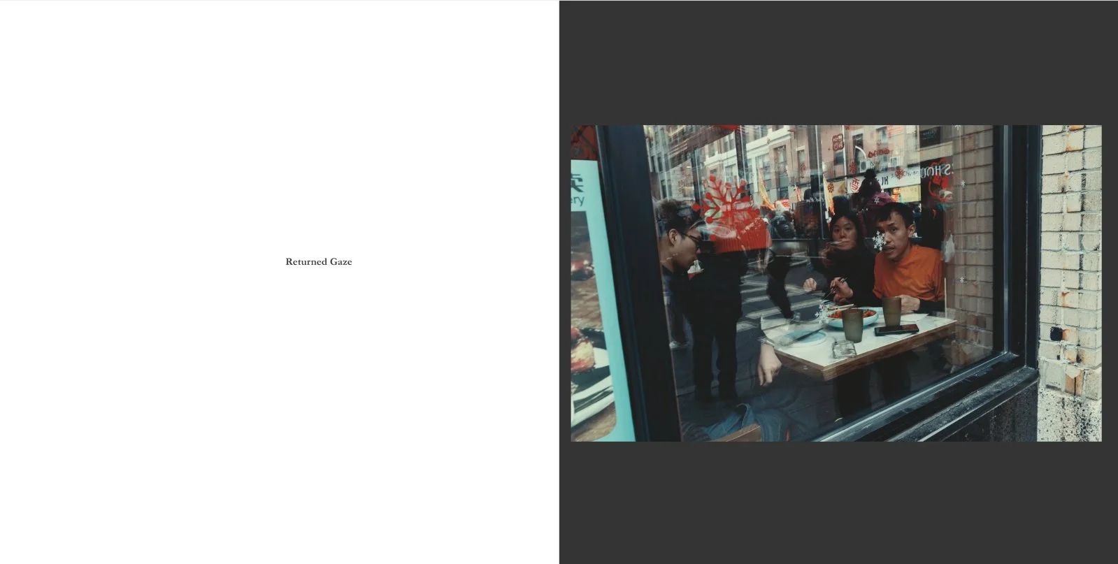 Interior spread from Presence titled Returned Gaze, showing people seated inside a restaurant window layered with street reflections, pedestrians, and city light.