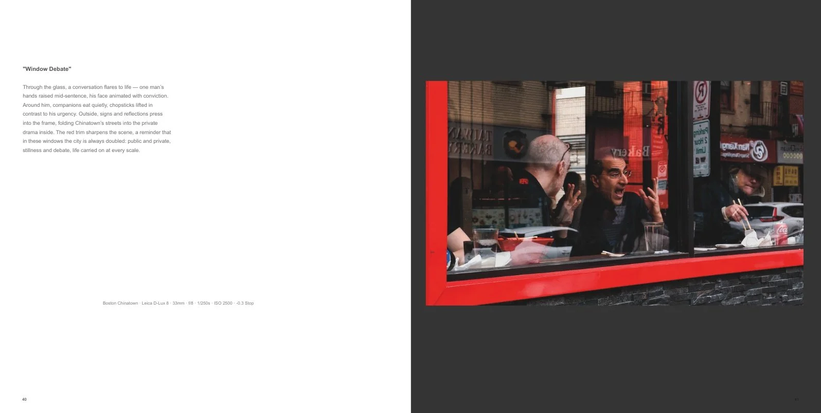 Interior spread from Concrete Lotus: Chinatown Streets titled Window Debate, showing people in conversation inside a Chinatown restaurant, seen through a red-framed window with street reflections and signage.