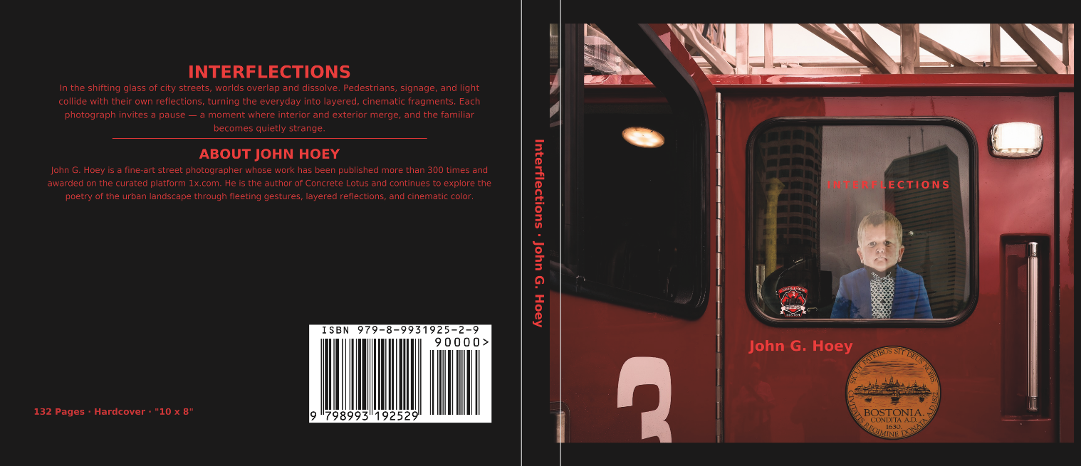 Cover of Interflections by John G. Hoey, featuring a red fire truck window with a child-like hologram, black back cover, spine, title, and barcode.