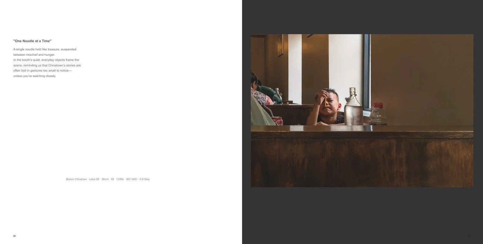 Interior spread from Concrete Lotus: Chinatown Streets titled One Noodle at a Time, showing a man in a Chinatown restaurant holding a single noodle near his face, with bottles and warm interior light around him.