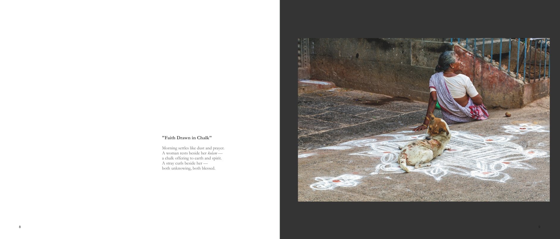 Interior spread from Roads Without Silence: 9 Weeks in India titled Faith Drawn in Chalk, showing a woman seated near a white chalk kolam design with a dog resting beside it.