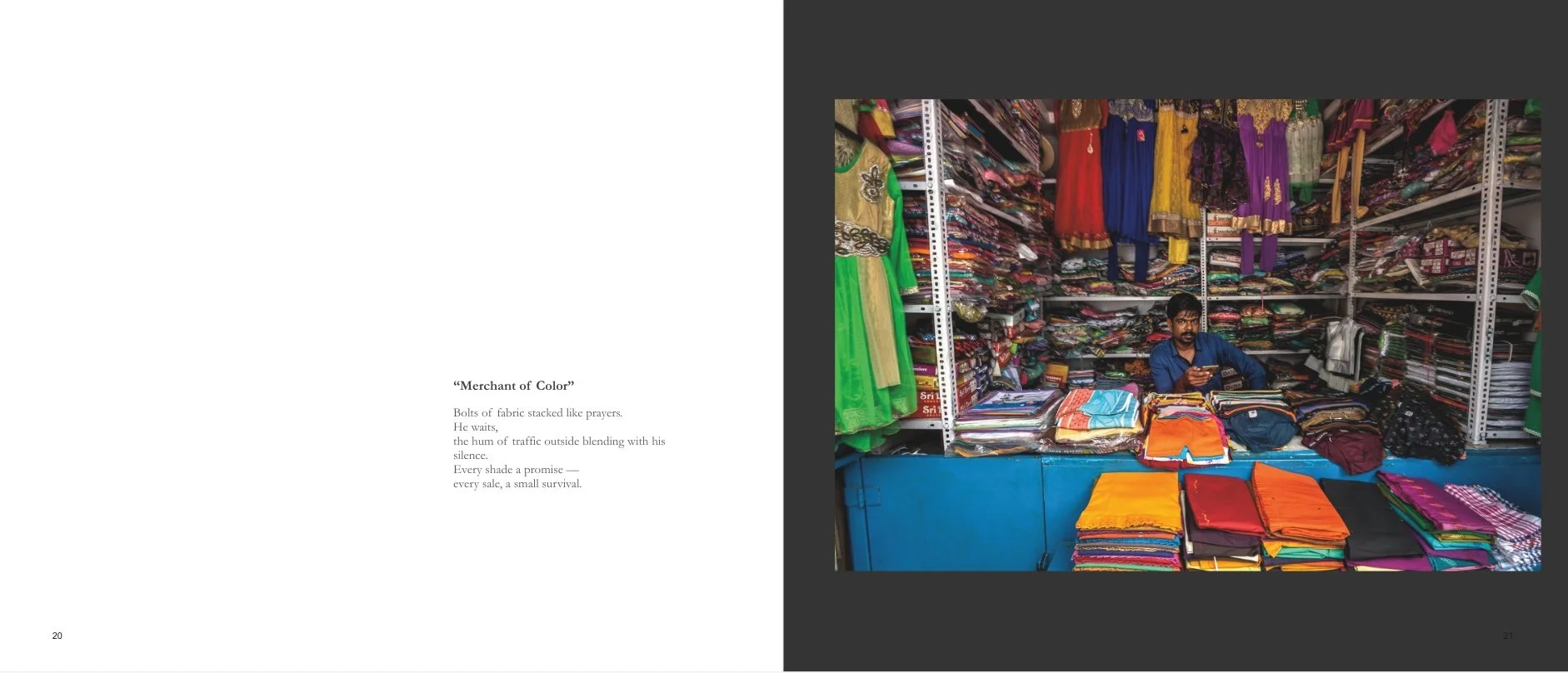 Interior spread from Roads Without Silence: 9 Weeks in India titled Merchant of Color, showing a shopkeeper surrounded by stacks of colorful folded fabrics and hanging garments.