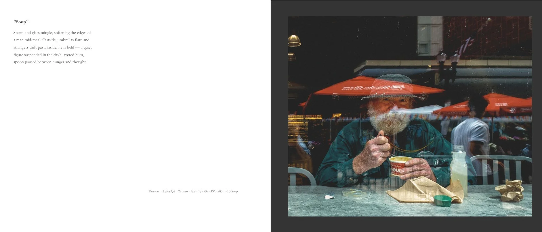 Interior spread from Interflections titled Soup, showing a bearded man eating soup behind glass, layered with street reflections and orange umbrellas.
