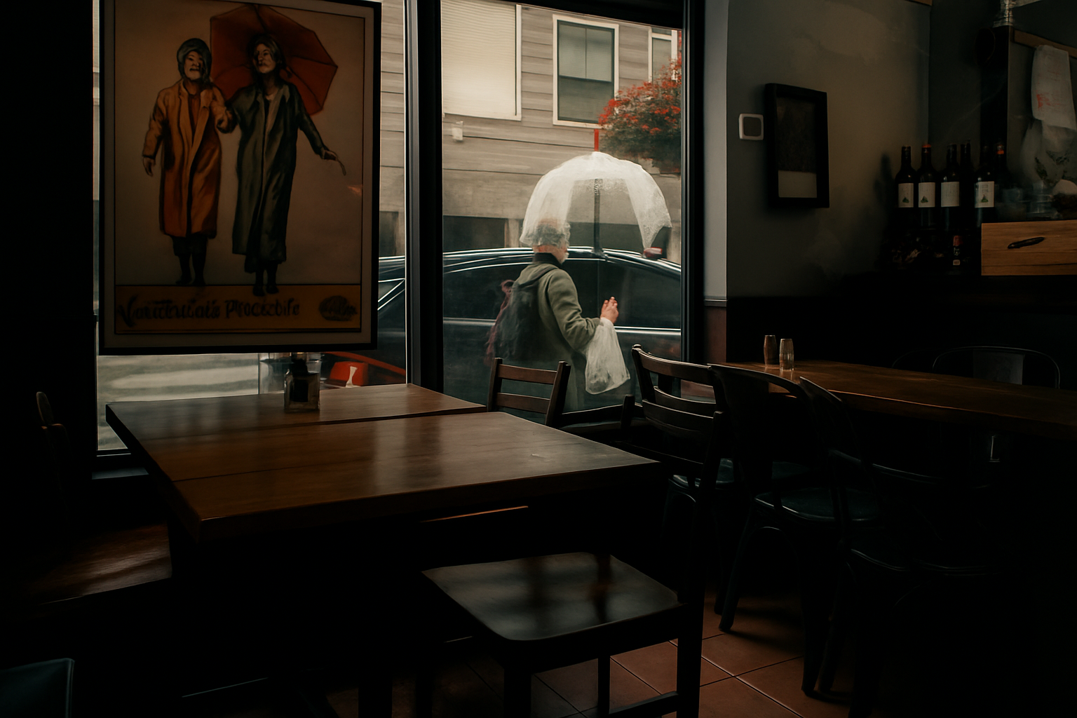 Dim restaurant interior with empty tables and chairs, framing a person outside holding a see-through umbrella beside a window poster.