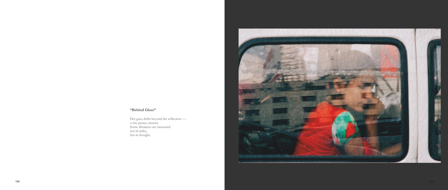 Interior spread from Roads Without Silence: 9 Weeks in India titled Behind Glass, showing a young passenger seated by a vehicle window, layered with reflections of buildings and street details.