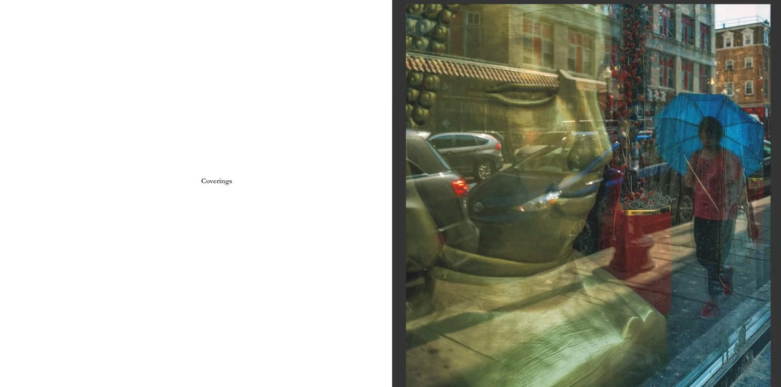 Interior spread from Presence titled Coverings, showing a figure with a blue umbrella seen through layered window reflections, parked cars, storefront surfaces, and city buildings.