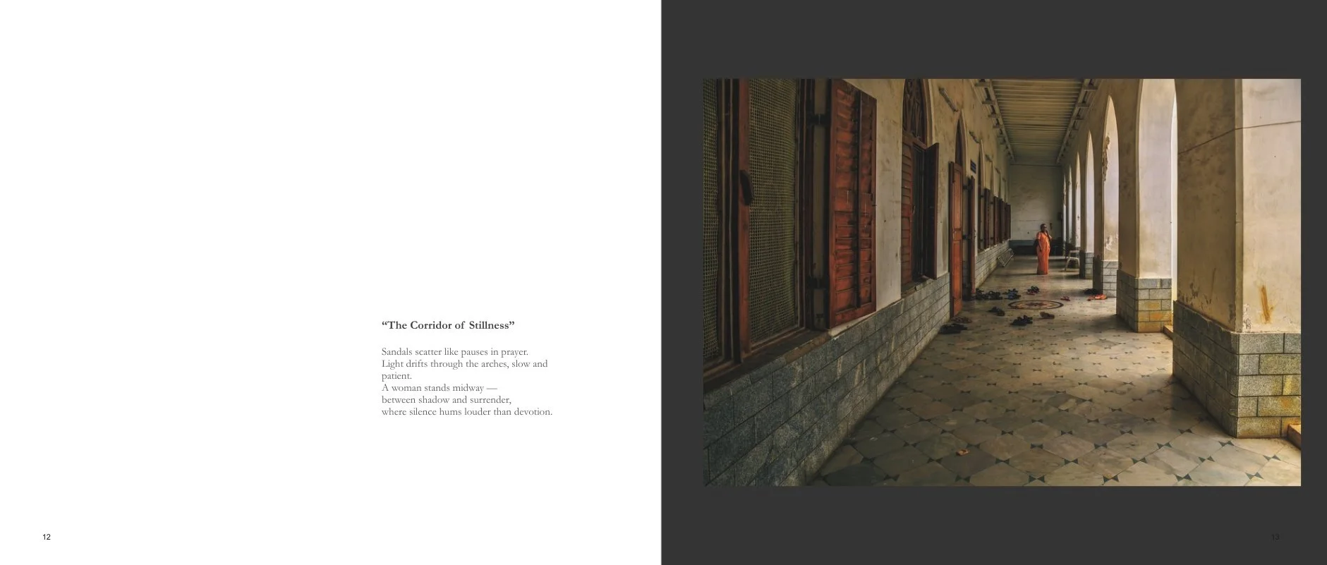 Interior spread from Roads Without Silence: 9 Weeks in India titled The Corridor of Stillness, showing a quiet arched corridor with scattered sandals and a distant figure in orange.