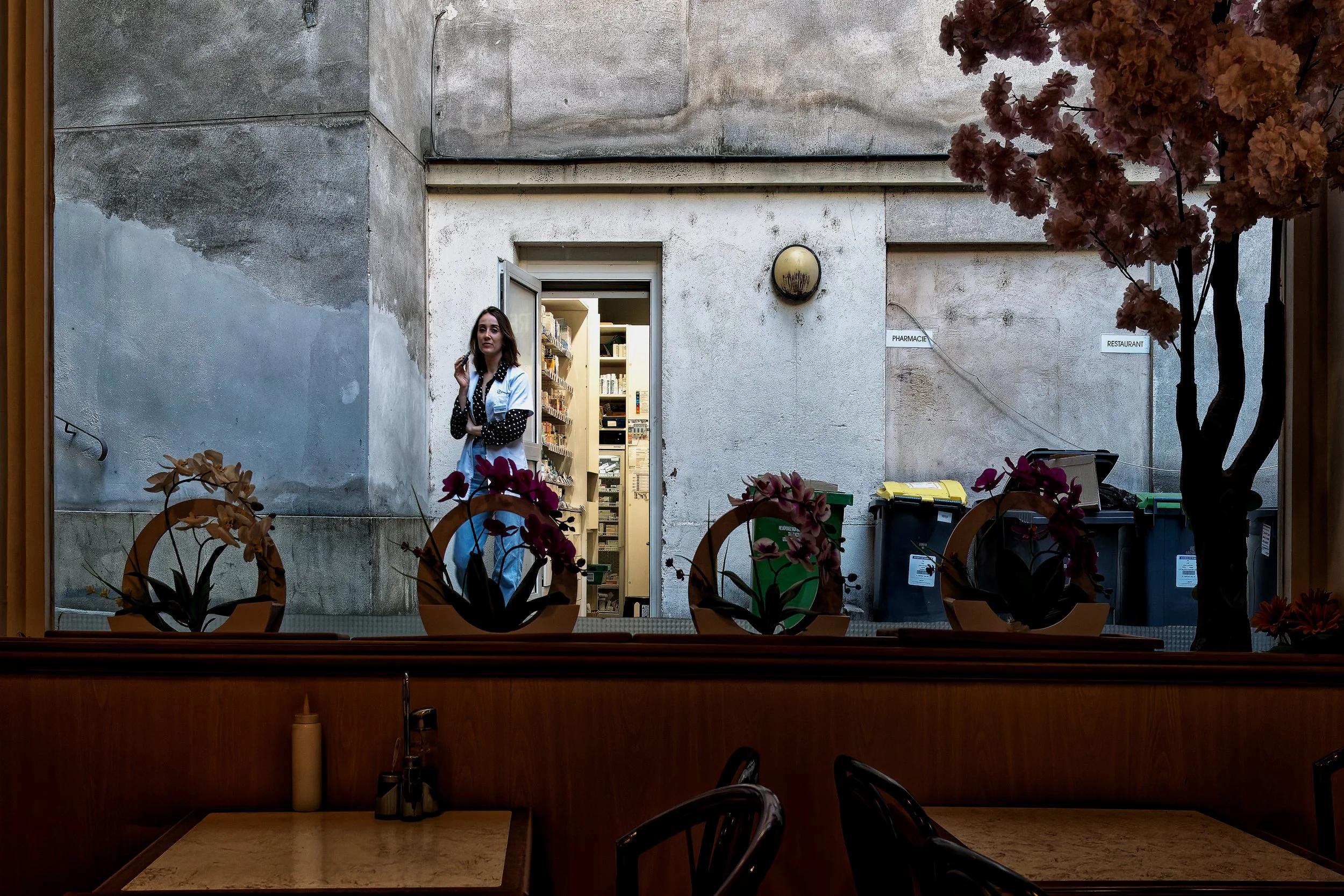 Courtyard Gestures

Seen through a restaurant window, a courtyard gathers several small gestures at once—a woman paused in a doorway, orchids arranged along the glass, utility bins against the wall, and signs pointing toward neighboring spaces. The s