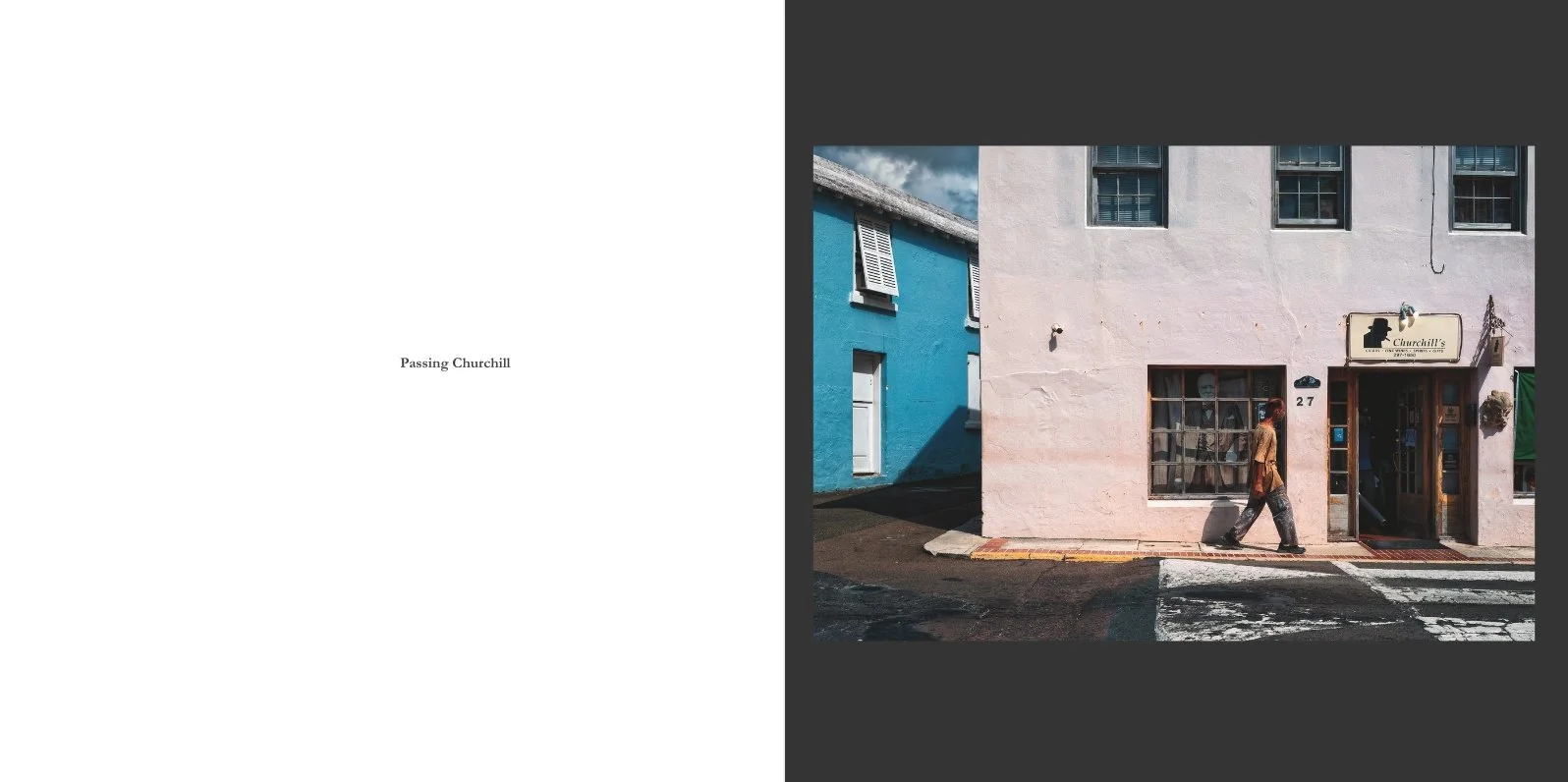 Interior spread from Presence titled Passing Churchill, showing a pedestrian walking past a pastel storefront with a Churchill portrait in the window and strong blue and pink building colors.