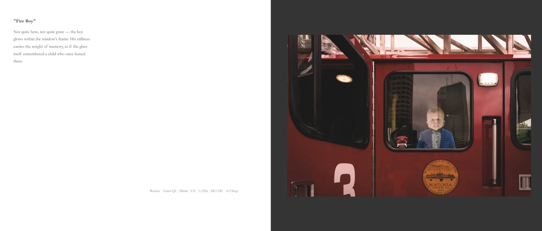 Interior spread from Interflections titled Fire Boy, showing a red fire truck window with a child-like hologram visible through the glass.
