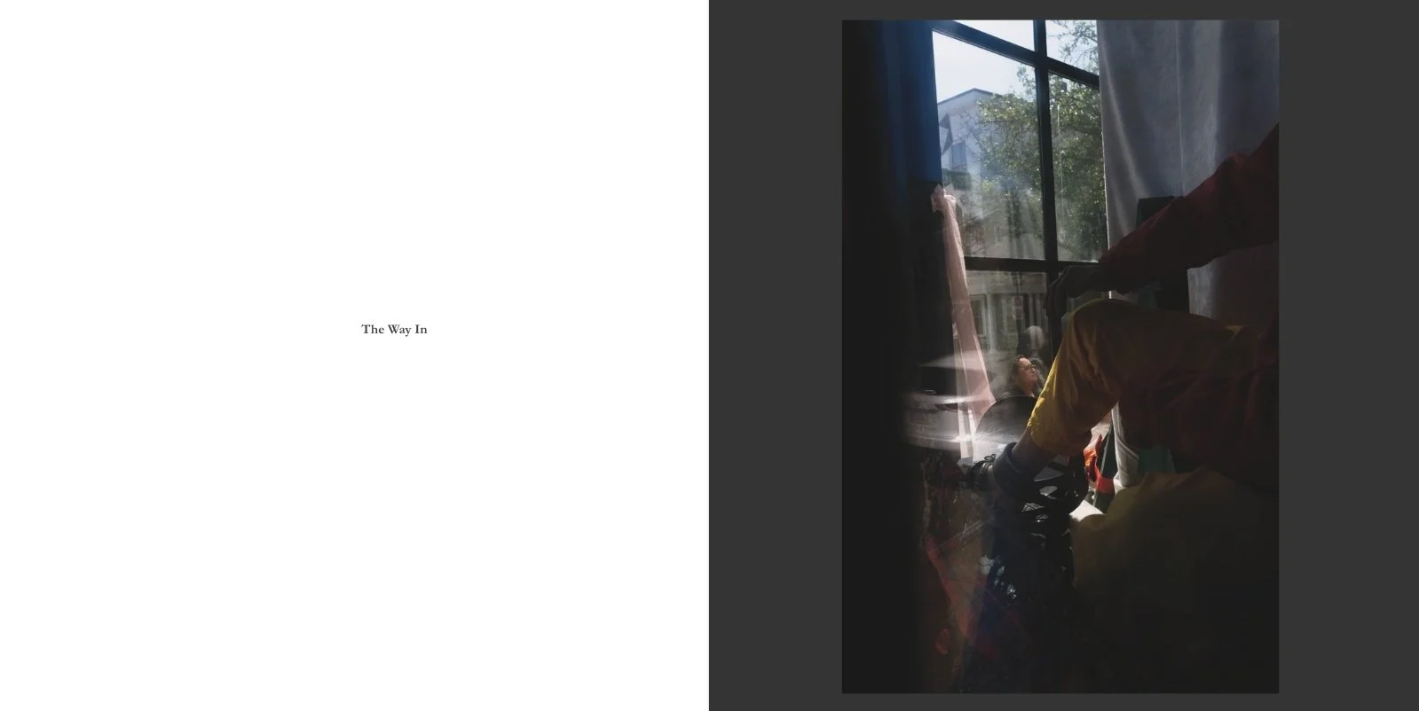 Interior spread from Presence titled The Way In, showing a dim interior scene with a figure near a window, curtains, reflections, and soft daylight.