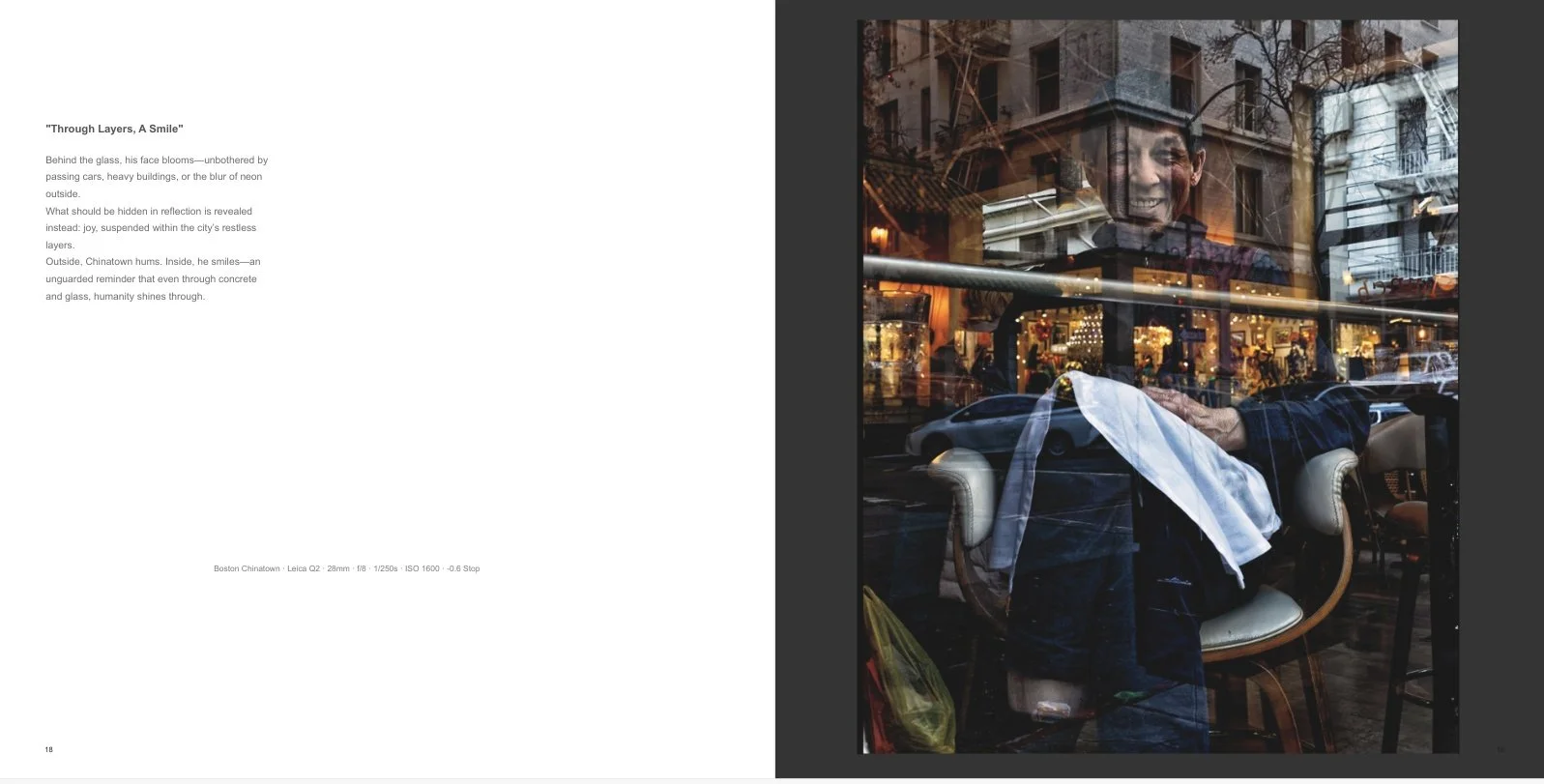 Interior spread from Concrete Lotus: Chinatown Streets titled Through Layers, A Smile, showing a smiling person seen through layered restaurant window reflections with buildings, cars, street lights, and interior details.