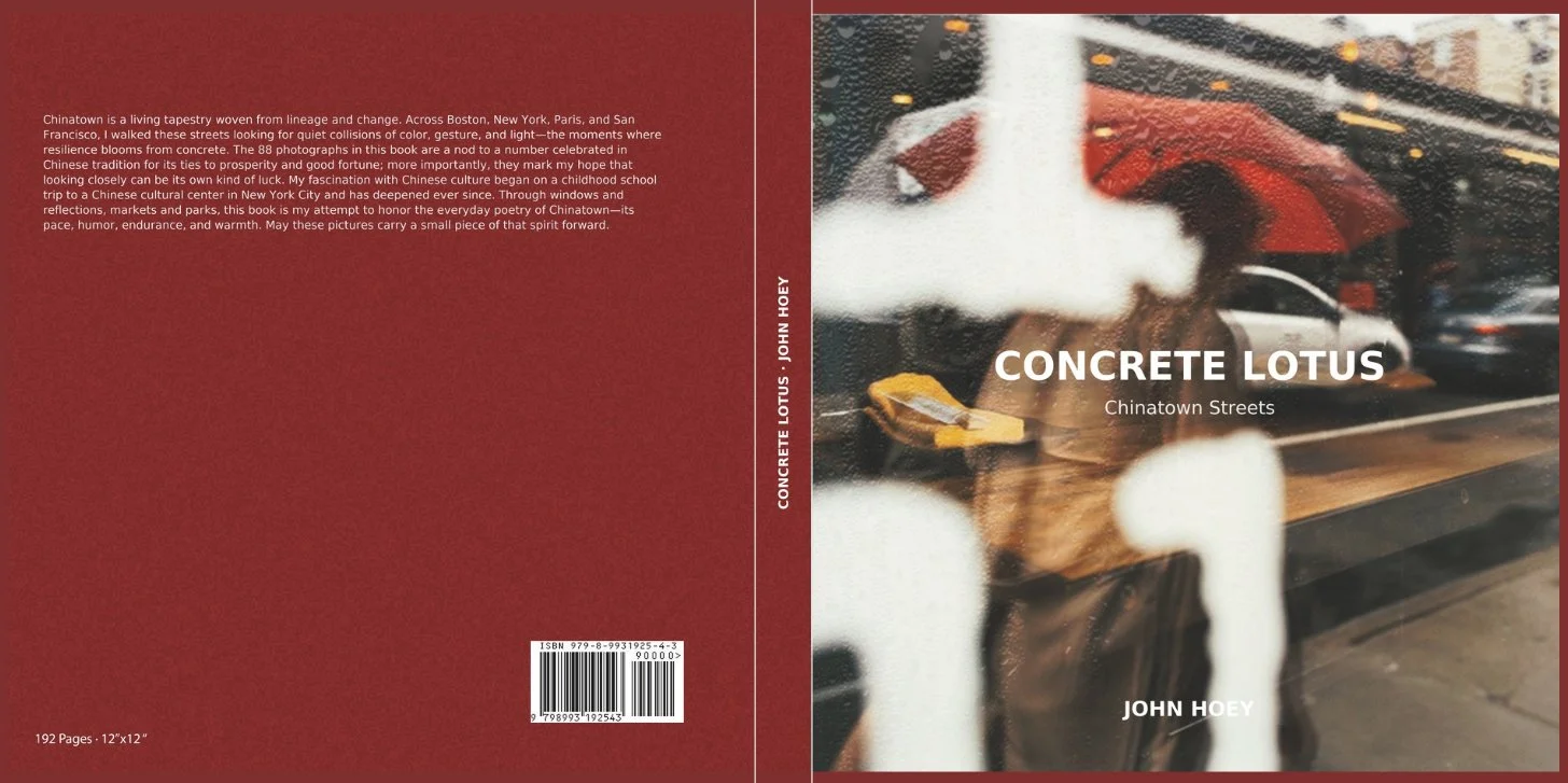 Front, spine, and back cover of Concrete Lotus: Chinatown Streets, a photography book by John G. Hoey.
