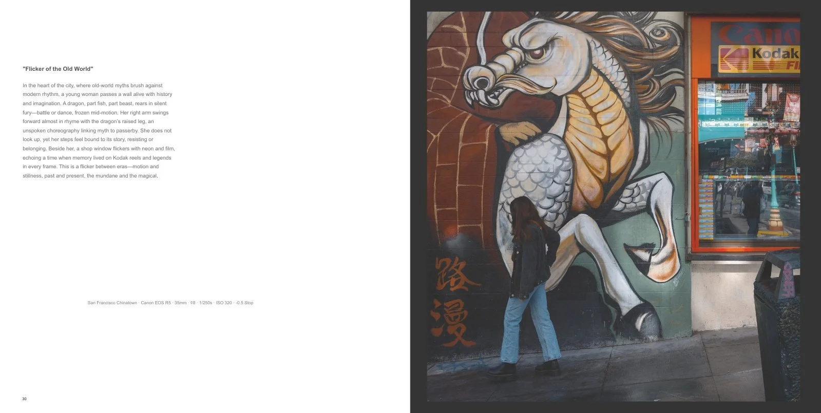 Interior spread from Concrete Lotus: Chinatown Streets titled Flicker of the Old World, showing a pedestrian passing a large dragon mural beside a Kodak storefront in San Francisco Chinatown.