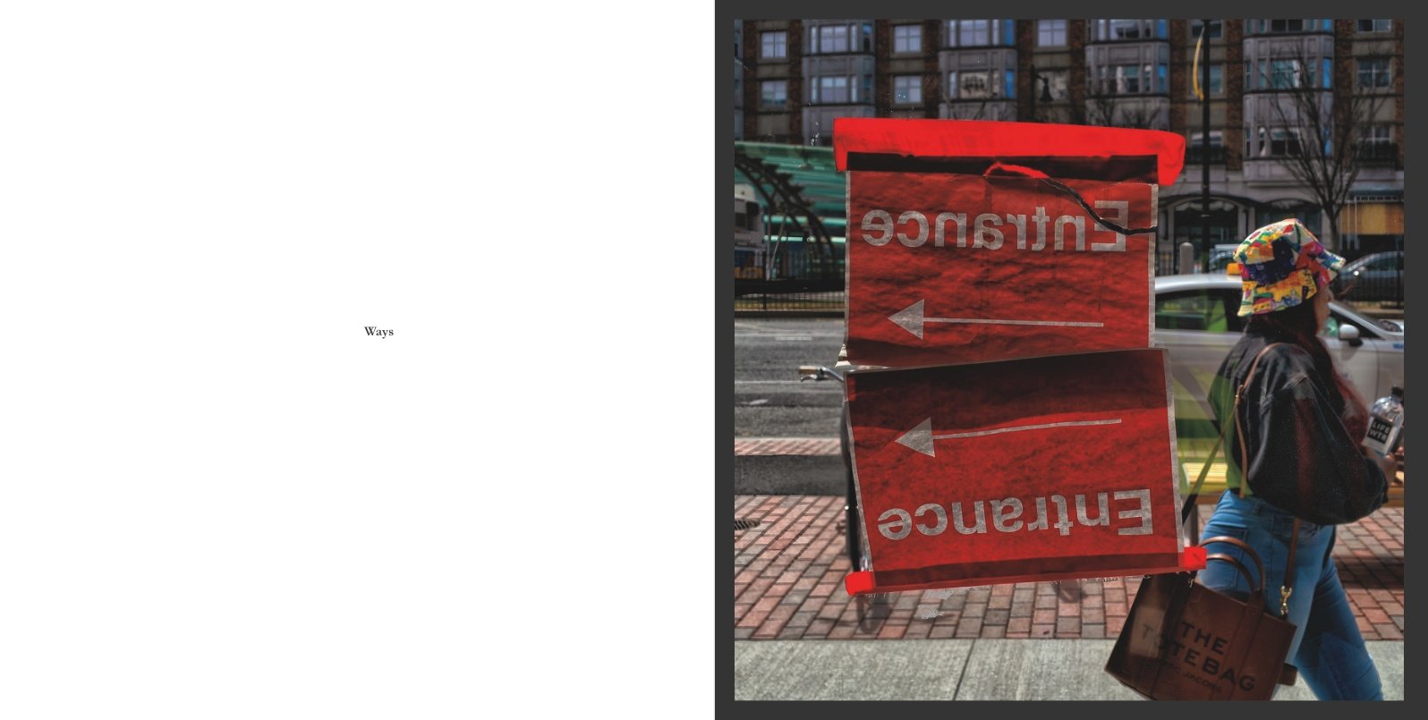 Interior spread from Presence titled Ways, showing a pedestrian passing behind a red entrance sign reflected in glass, with street details, cars, and city buildings layered behind it.