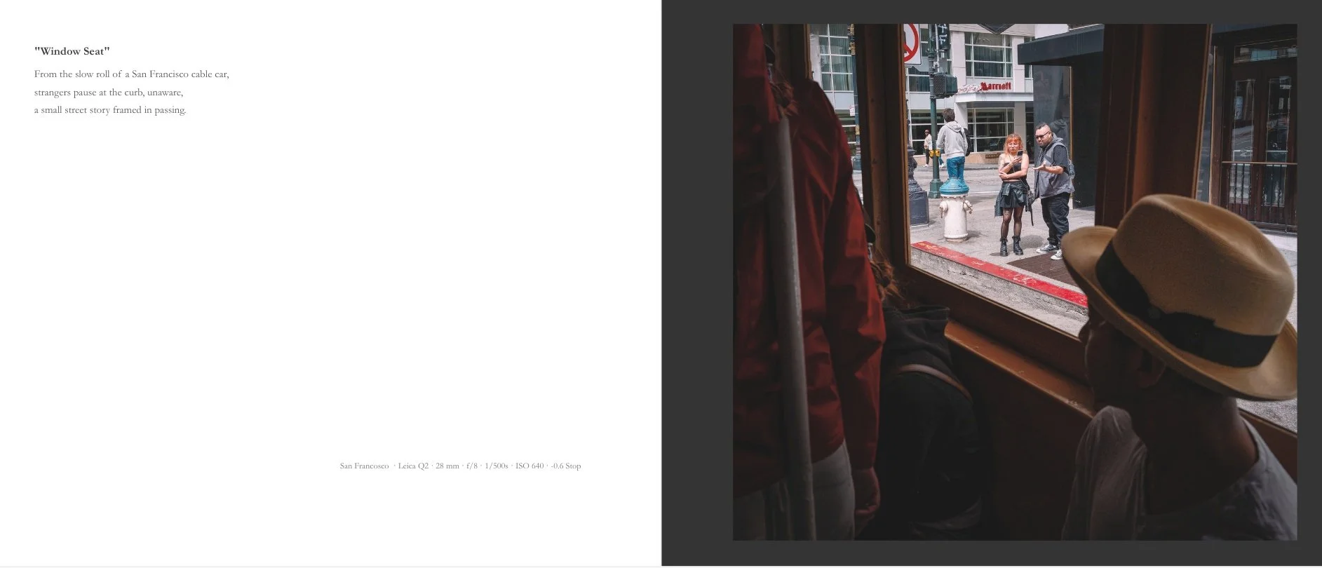 Interior spread from Interflections titled Window Seat, showing a person seated inside a cable car looking out toward pedestrians on a city street.