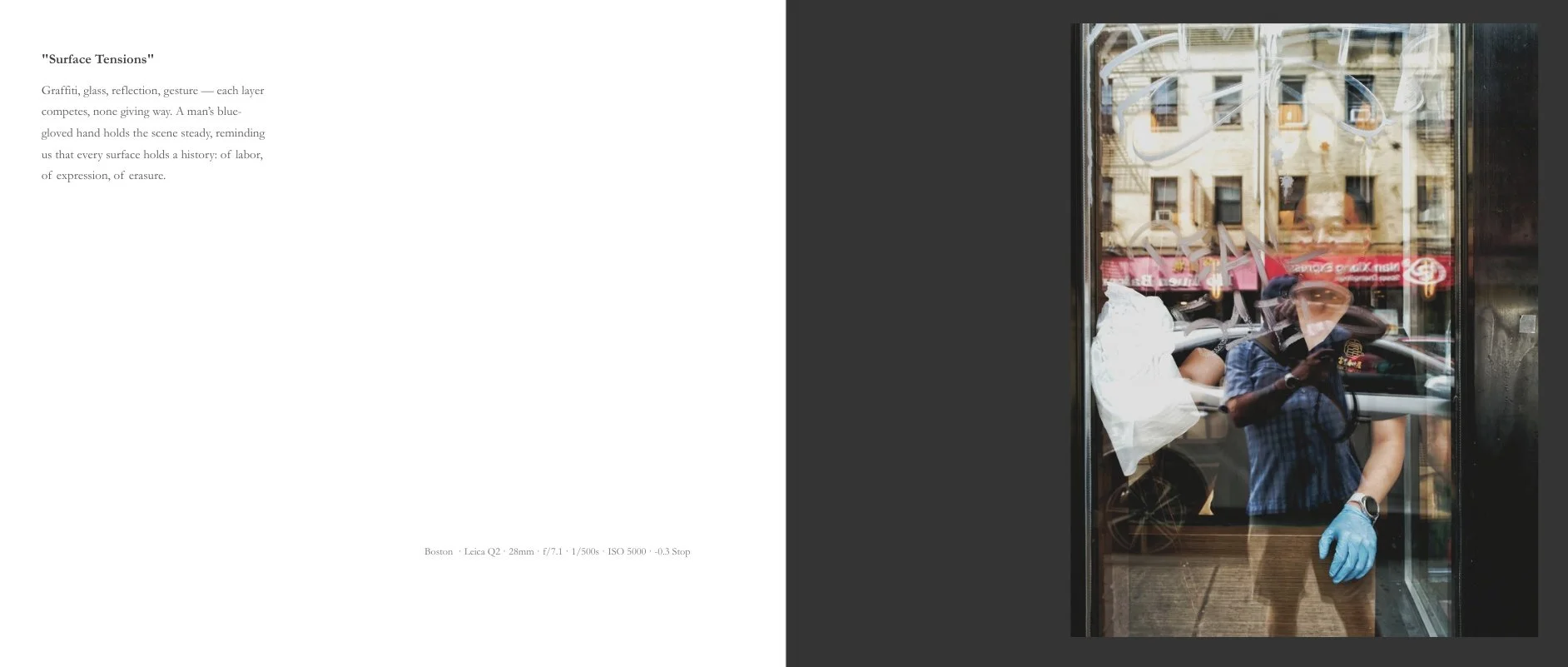 Interior spread from Interflections titled Surface Tensions, showing a man seen through layered glass reflections, signage, street details, and overlapping urban surfaces.