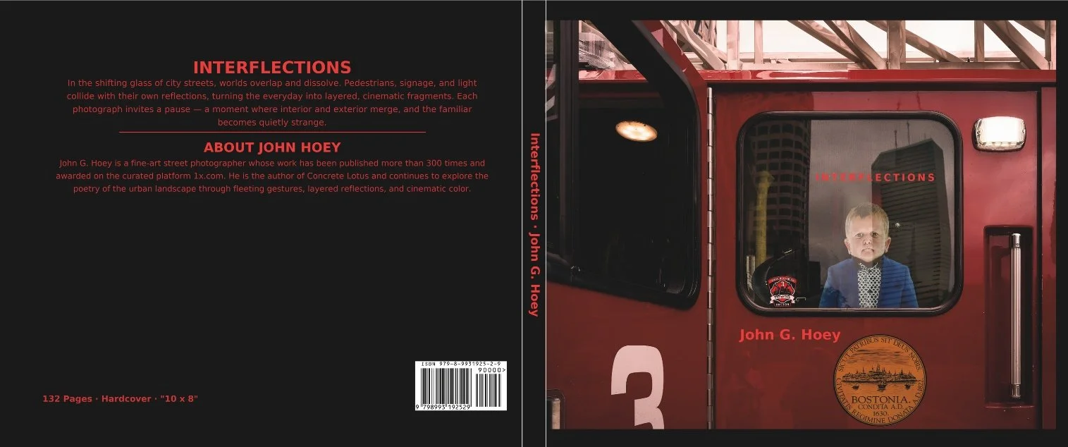 Front, spine, and back cover of Interflections, a photography book by John G. Hoey.
