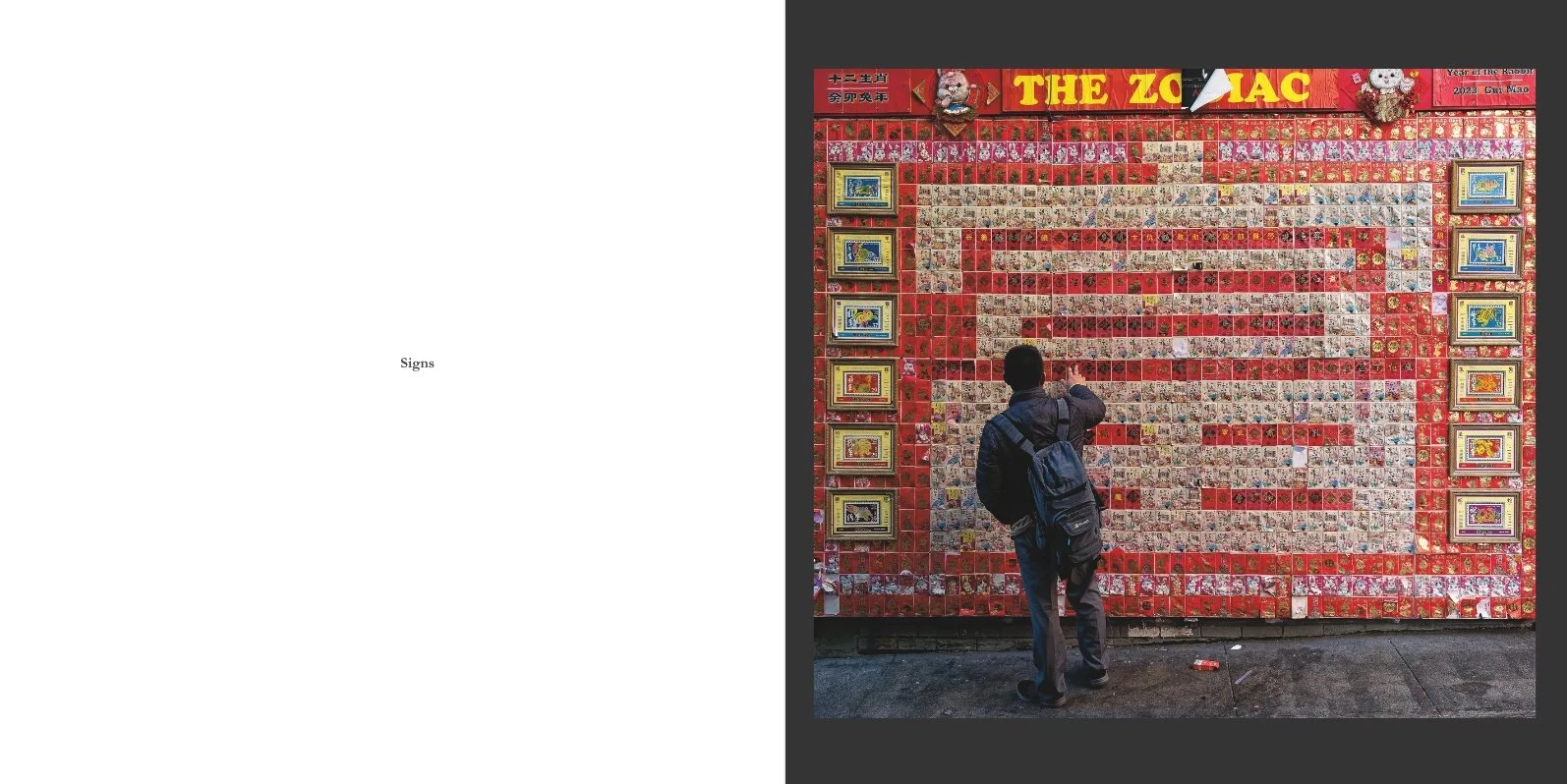 Interior spread from Presence titled Signs, showing a person with a backpack standing before a large red Zodiac wall display covered with small image tiles and framed panels.