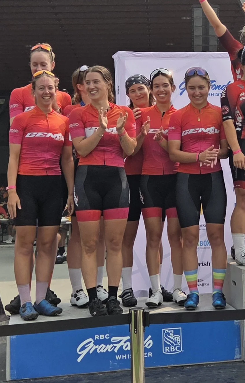 A group of cyclists standing with their bikes in front of a mountain landscape with snow-capped peaks, some wearing matching neon yellow and orange team jerseys, and others in different cycling apparel.
