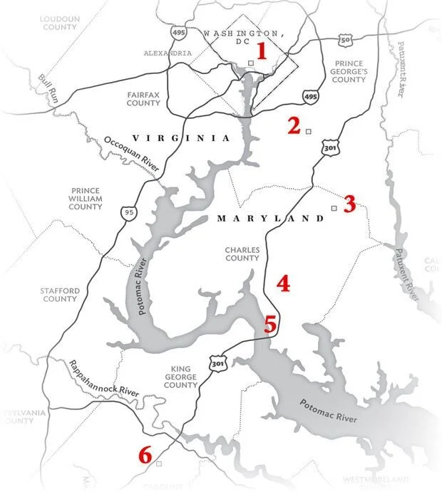 1) Ford’s Theatre 2) Mary Surratt’s Tavern 3) Dr. Mudd’s House 4) Rich Hill, the house of Colonel Samuel Cox 5) Attempt to cross the Potamac (Popes Creek Road) 6) Garrett’s Farm [map courtesy of The Washingtonian]