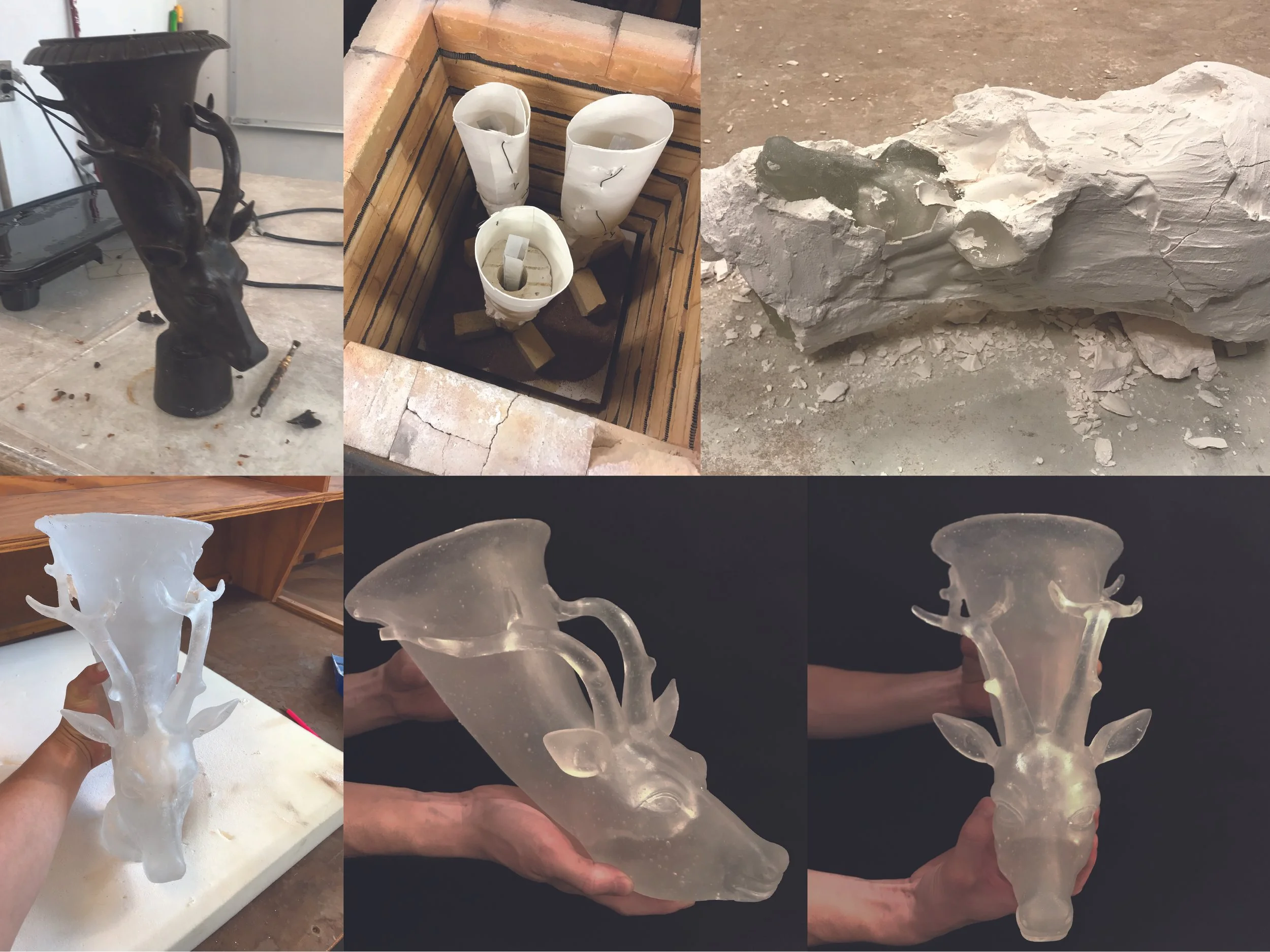 a series of 6 images showing a carved wax animal head going through the glass casting process. wax, mold in the kiln, mold being divested, glass casting fresh out of the mold, finished piece. 