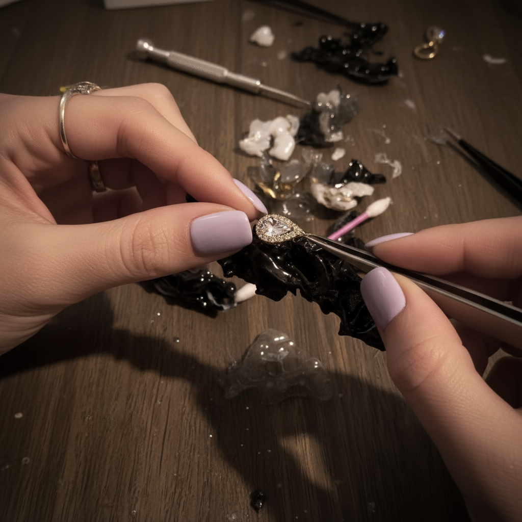 Hands working on a jewelry piece, possibly setting a diamond or gemstone, with jewelry tools and broken plastic or resin pieces on a wooden table.