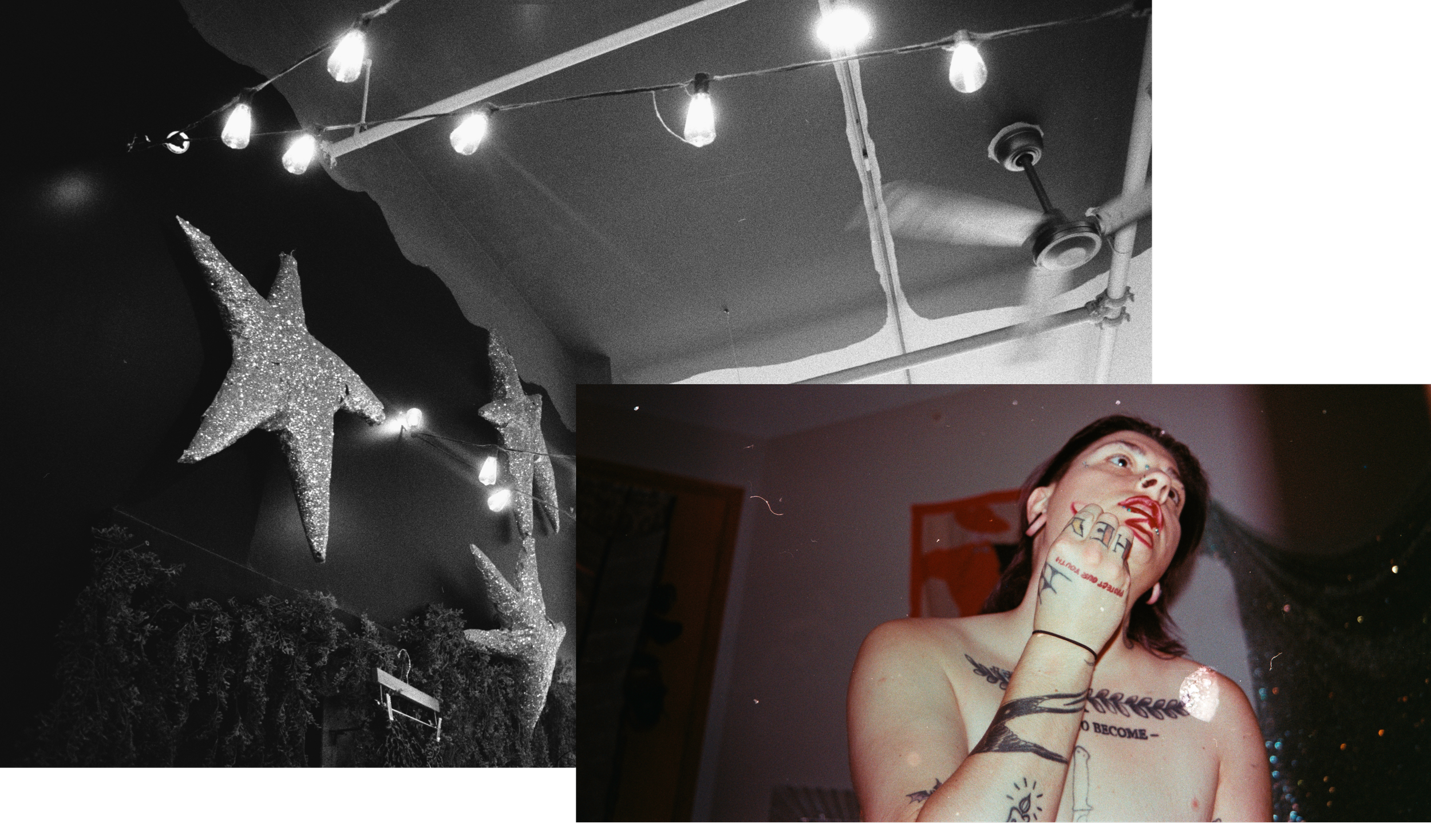 A composite of two images: a black and white photo of decorative sparkly stars and large stringed lights behind a double exposure of Ivy without a shirt, wearing lipstick, looking upward and away from the lens.