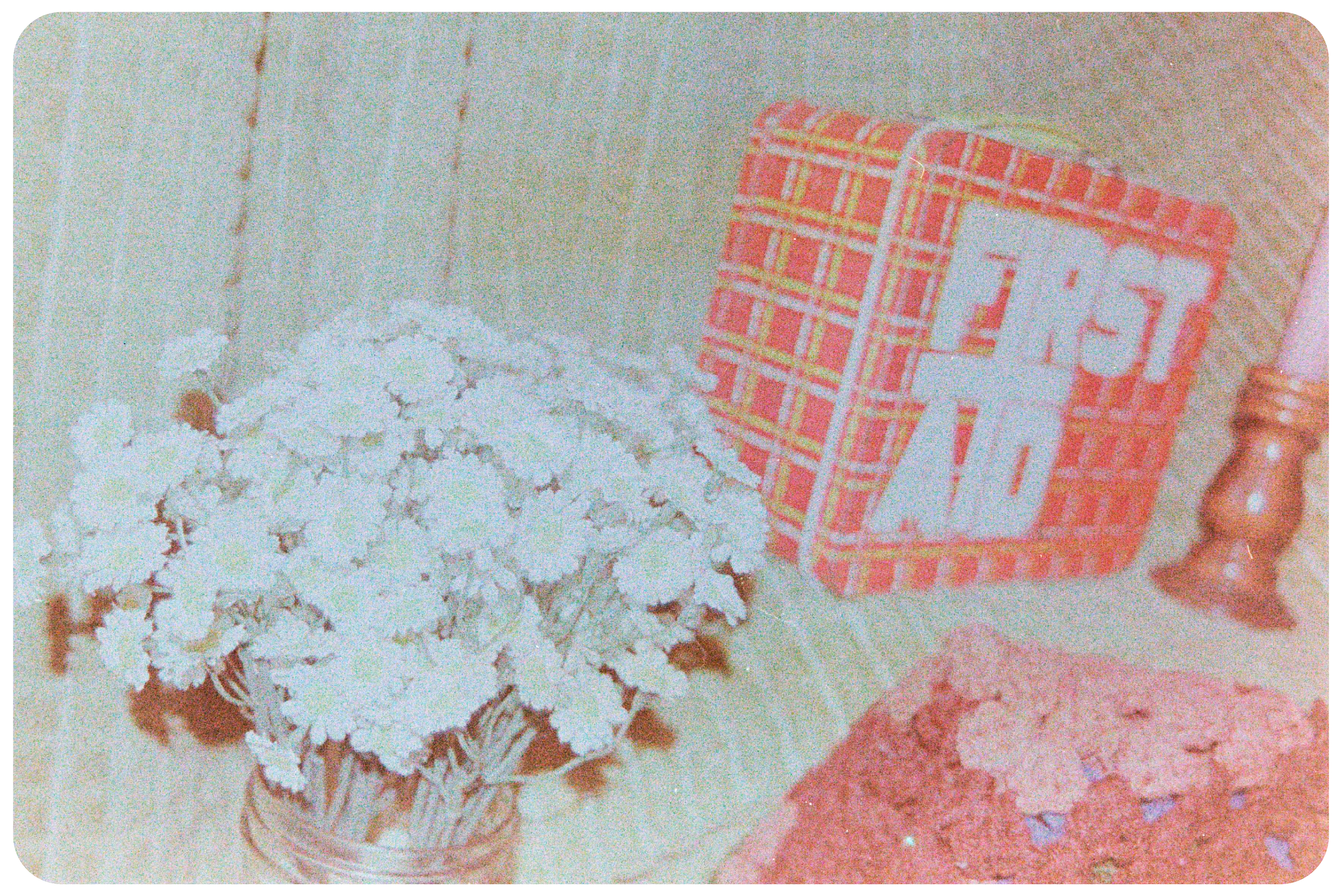 Glass jar filled with daisies, a red plaid first aid box, and a wood candle stick on a green background.