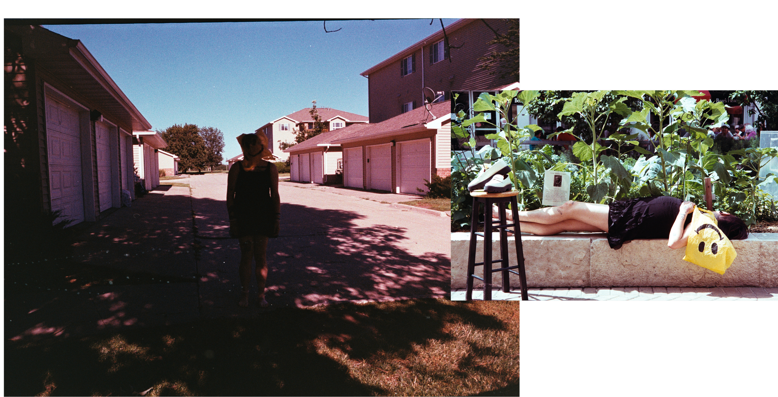 Two images show a person with a smiley-face bag over their head outdoors, and lying on concrete holding the bag beside a stool and stacked shoes.