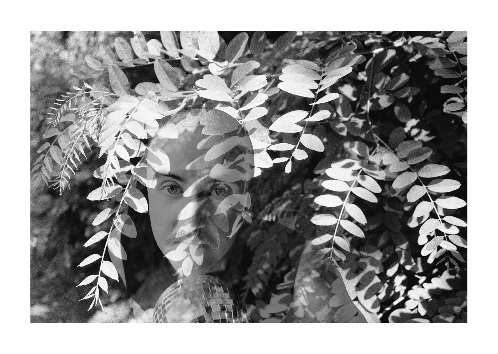 A black-and-white portrait of a white transmasculine person with a buzzcut leaning over a disco ball is layered over sunlit black locust leaves.