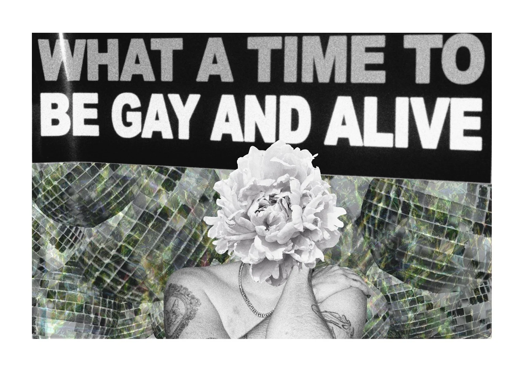 A black-and-white collage shows a figure with a peony for a head, layered with disco balls and the text “WHAT A TIME TO BE GAY AND ALIVE.”
