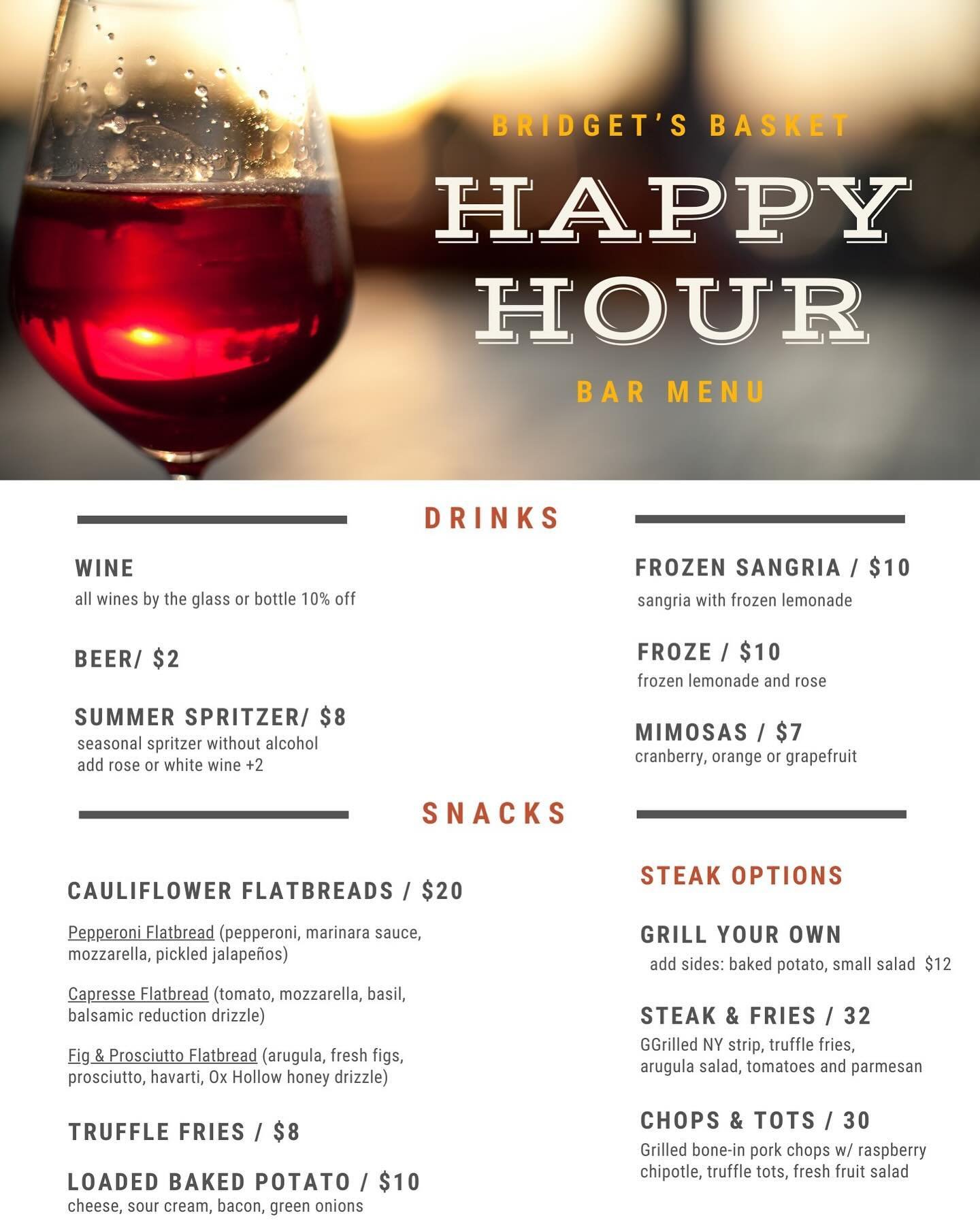 New Happy Hour menu, just in time for tonight&rsquo;s Happy Hour!!

Come join us tonight, with live music and lots of fun!