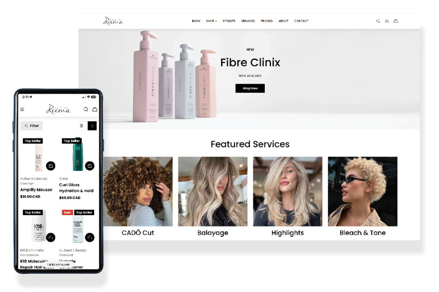 Screenshot of HairByReema website including mobile view of store.