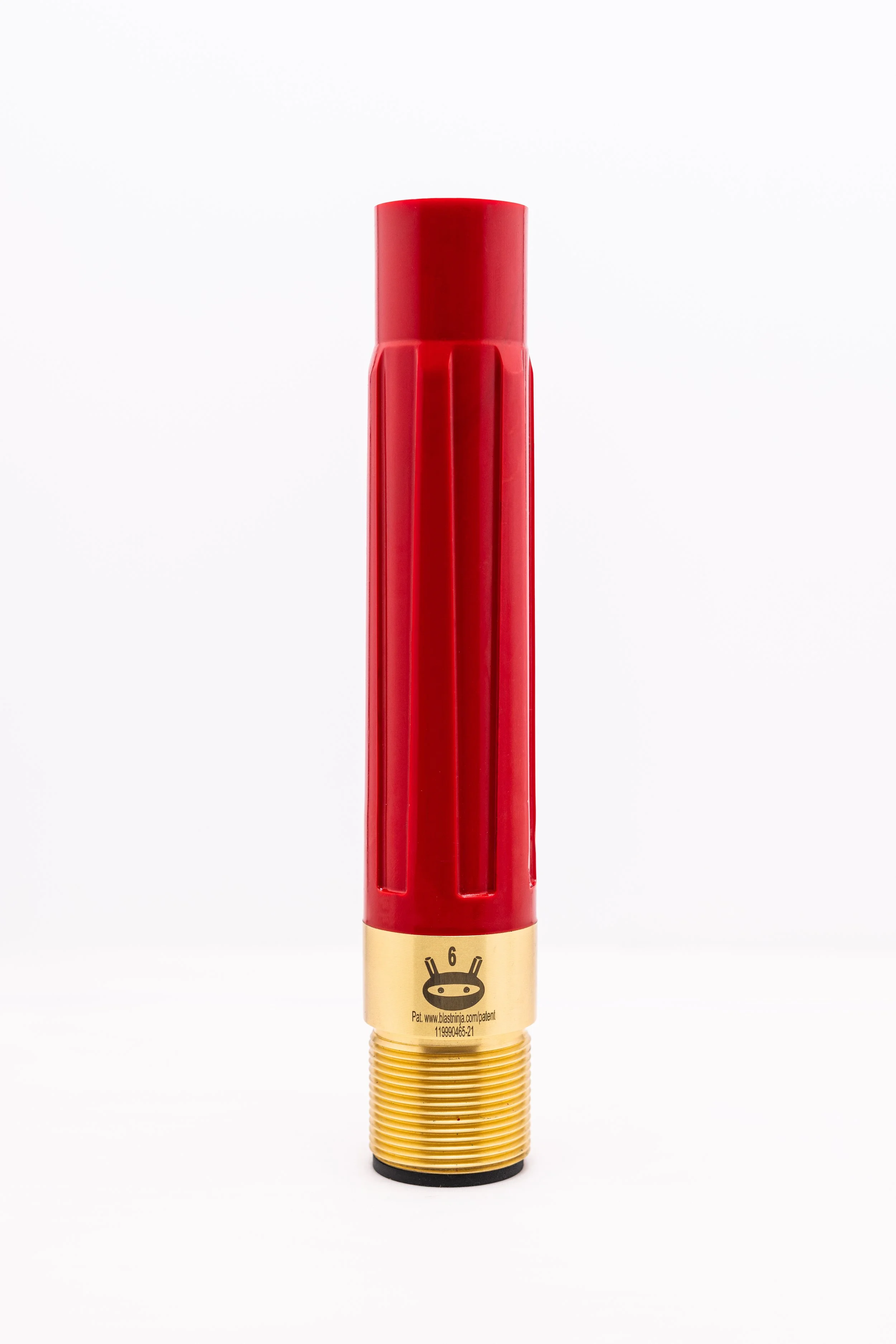 A red and gold flamingo-shaped novelty item with a collapsible body and a smiley face logo.
