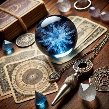 crystal ball with cards, some crystals and a pendulum