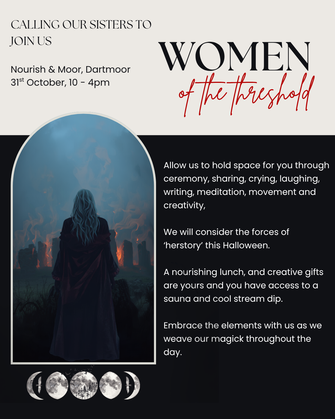 A darkened figure of a woman, stands at the threshold of a wooded area.
