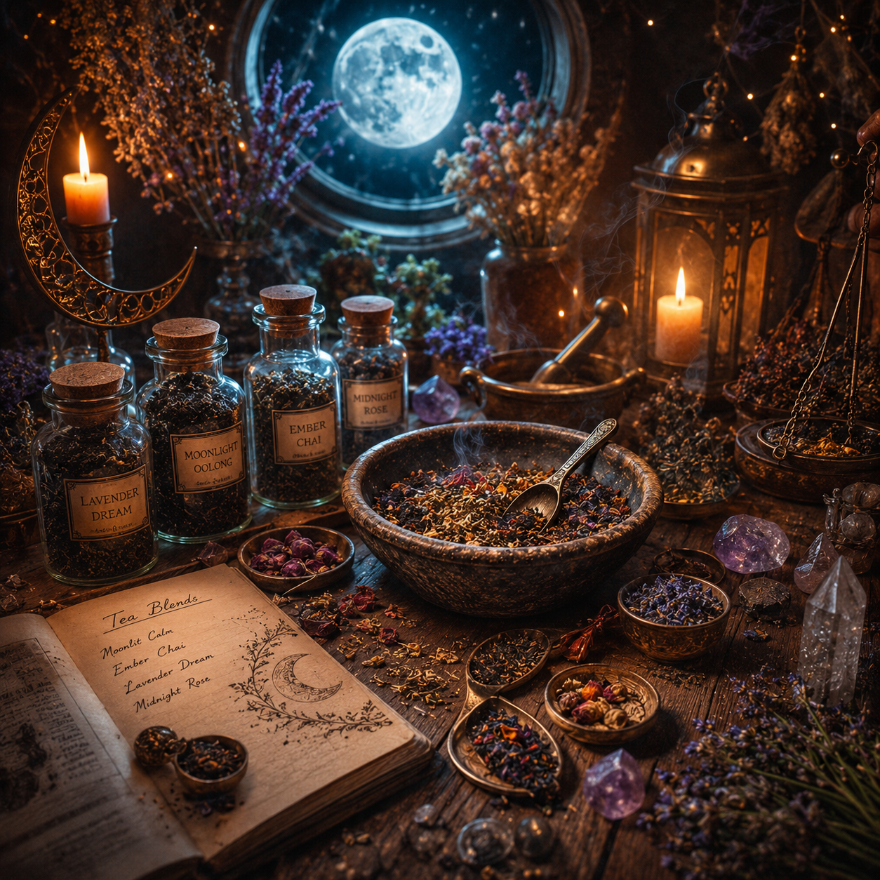 A whimsical scene of bottles containing herbs, a pestle and mortar an open recipe book